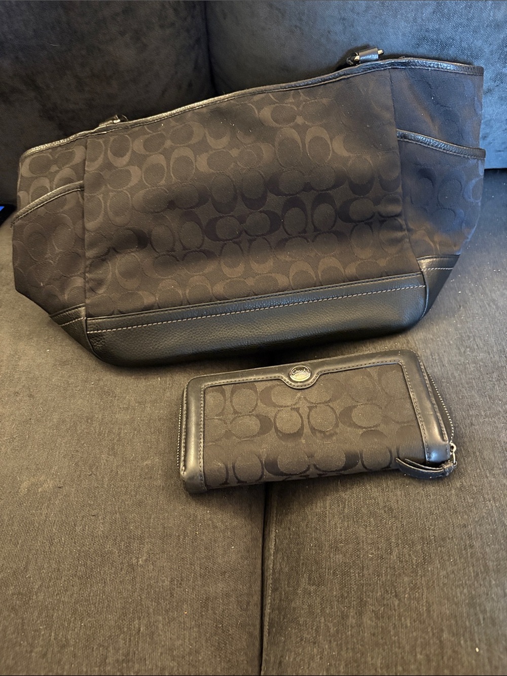 Coach Black Signature Canvas Tote with Wallet Set